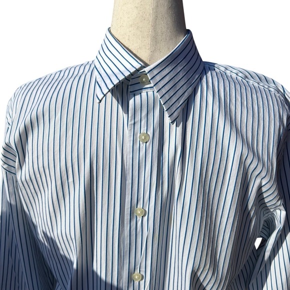 Express 1MX Men's Dress Shirt L 16-16.5 Modern‎ Fit Blue Stripe Stretch Cotton - Picture 1 of 4